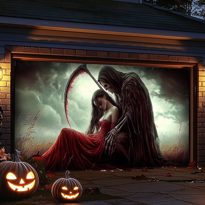 Halloween Door Decorations Outdoor Halloween Garage Door Cover Skeletons Banner Large Tapestry Backdrop Decoration for Holiday Outdoor Garage Door Home Wall Decorations 19