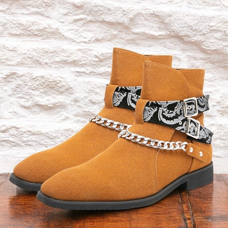 Men's Suede Ankle Boots with Skull Print Straps and Chain Detail - Stylish Western-Inspired Design for Casual and Festival Wear