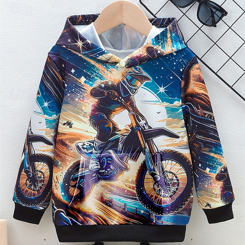 Boys 3D Graphic Motorcycle Hoodie Long Sleeve Fall Winter Fashion Basic Kids 4-12 Years Hooded Outdoor Casual Daily Regular Fit