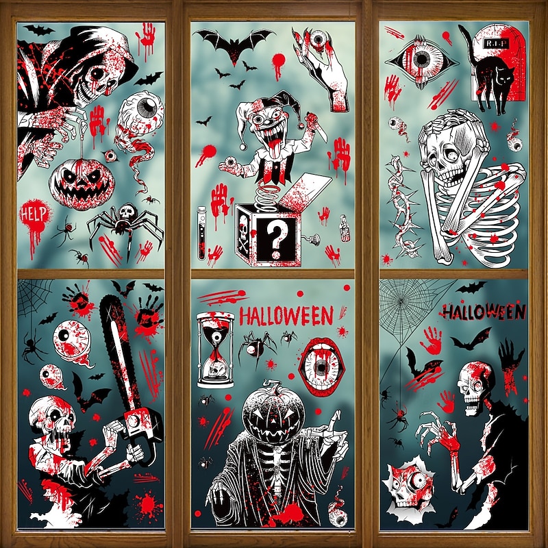 9 Sheets Halloween Window Cling Sticker Decals Decorations Double Side, Clown Grim Reaper Spider Pumpkin Ghost Skeleton Static Stickers for Glass and Halloween Party Supplies2