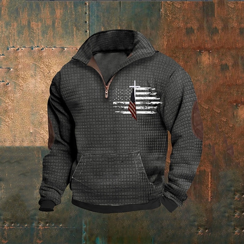 Men's Sweatshirt Waffle Sweatshirt Quarter Zip Sweatshirt Black Navy Blue Khaki Light Grey Gray Half Zip National Flag Patchwork Ribbed Front Pocket Sports & Outdoor Daily Holiday Polyester4