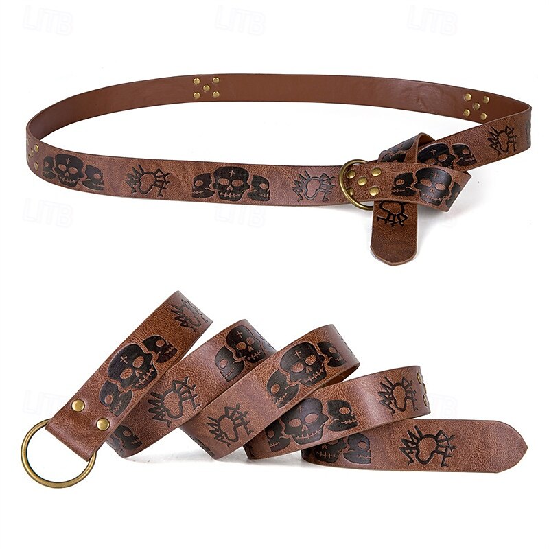Men's Belt Waist Belt Black Brown PU Alloy Retro Adjustable Skull Pumpkin Halloween Daily3
