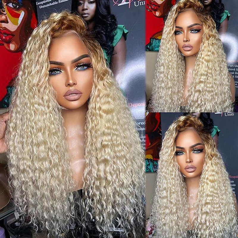 Remy Human Hair 13x4 Lace Front Wig Free Part Brazilian Hair Curly Water Wave Blonde Wig 130% 150% Density with Baby Hair Ombre Hair 100% Virgin Glueless Pre-Plucked For Women Long Human Hair Lace Wig