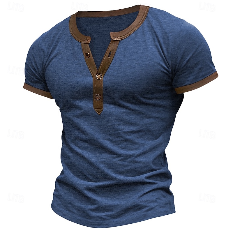 Men's T shirt Tee Henley Shirt Tee Top Solid Color Henley Outdoor Casual Short Sleeve Patchwork Button Clothing Apparel Fashion Designer Comfortable4