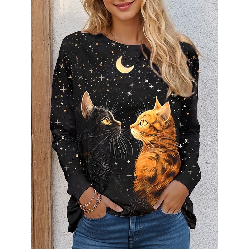 Halloween Women's T shirt Black Cat Long Sleeve Crew Neck Long Sleeve Tunic Cat Casual Regular Tops Daily Print Black Spring Fall Prefall