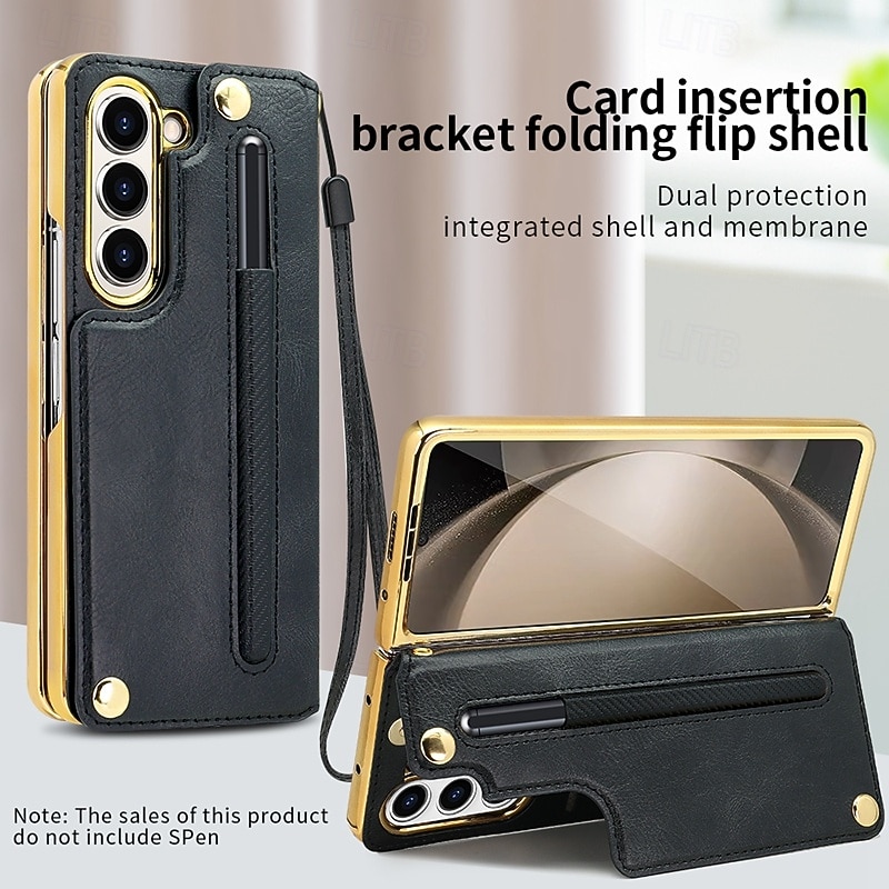 Phone Case For Samsung Galaxy Z Fold 6 Z Fold 5 Z Fold 4 Back Cover with Stand Holder with Screen Protector with Wrist Strap Retro TPU PU Leather