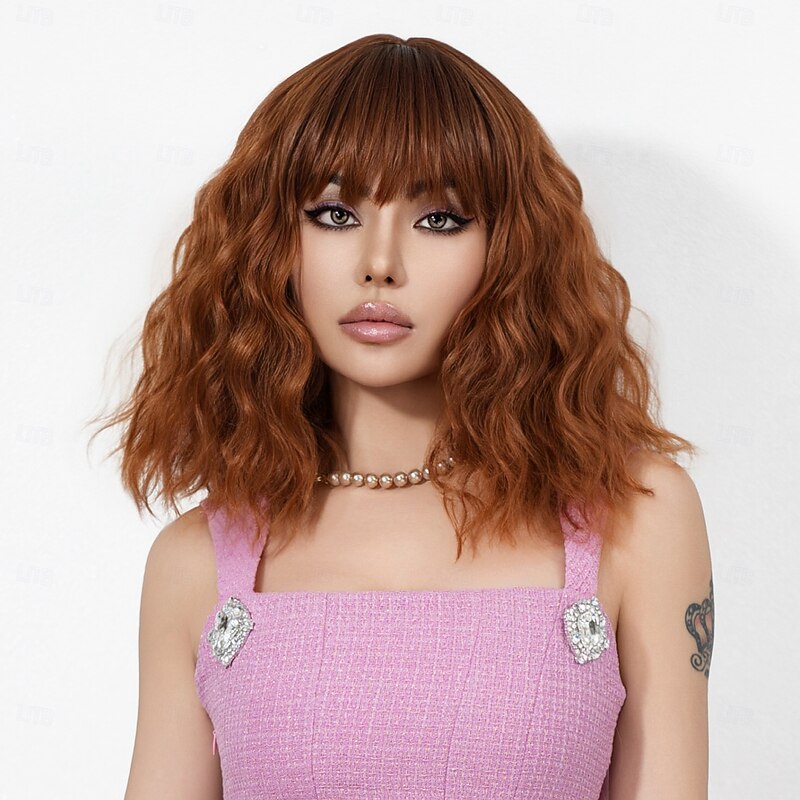 Cosplay Costume Wig Curly Bouncy Curl Bob Neat Bang With Bangs Wig 14 inch Orange Synthetic Hair Women's Elastic Adorable Comfortable Orange2