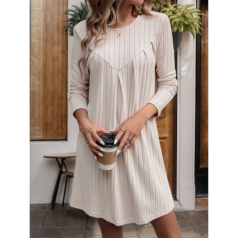 Women's Sweater Dress Mini Dress Ribbed Warm Casual Crew Neck Long Sleeve Khaki Color