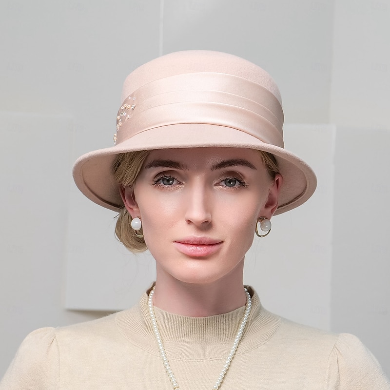 Hats 100% Wool Bucket Hat Fedora Hat Wedding Evening Party Elegant Wedding With Cap Beading Headpiece Headwear