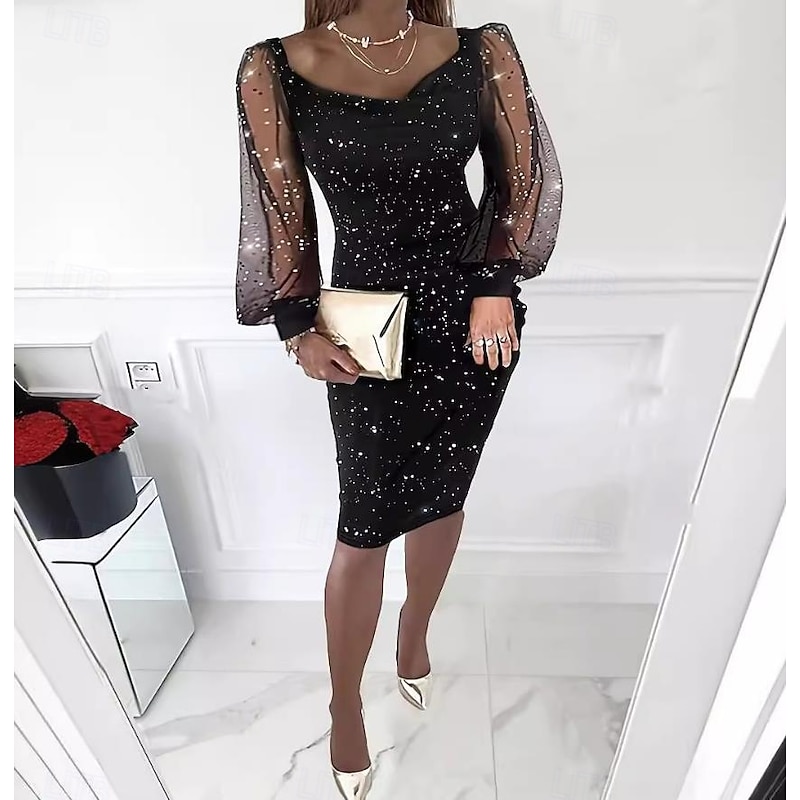 Women's Midi Dress Black Dress Sequin Dress Cocktail Dress Formal Dress Casual Street Date Regular Fit Plain Long Sleeve U Neck Black Spring Fall2
