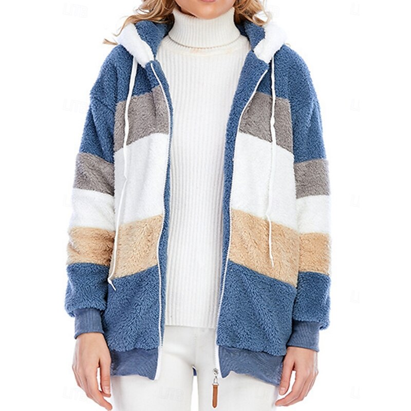 Women's Fleece Jacket Teddy Coat Hoodie Jacket Warm Breathable Zipper Pocket Fleece Lined Casual Street Style Color Block Vacation Street Daily Wear Going out Zipper Hoodie Regular Fit Long Sleeve3