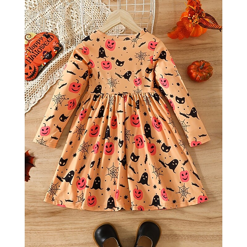 Halloween Girls' 3D Graphic Halloween pumpkin Dress Long Sleeve Spring Fall Daily Holiday Vacation Princess Beautiful Sweet Kids 4-12 Years Casual Dress A Line Dress Knee-length Polyester Regular Fit