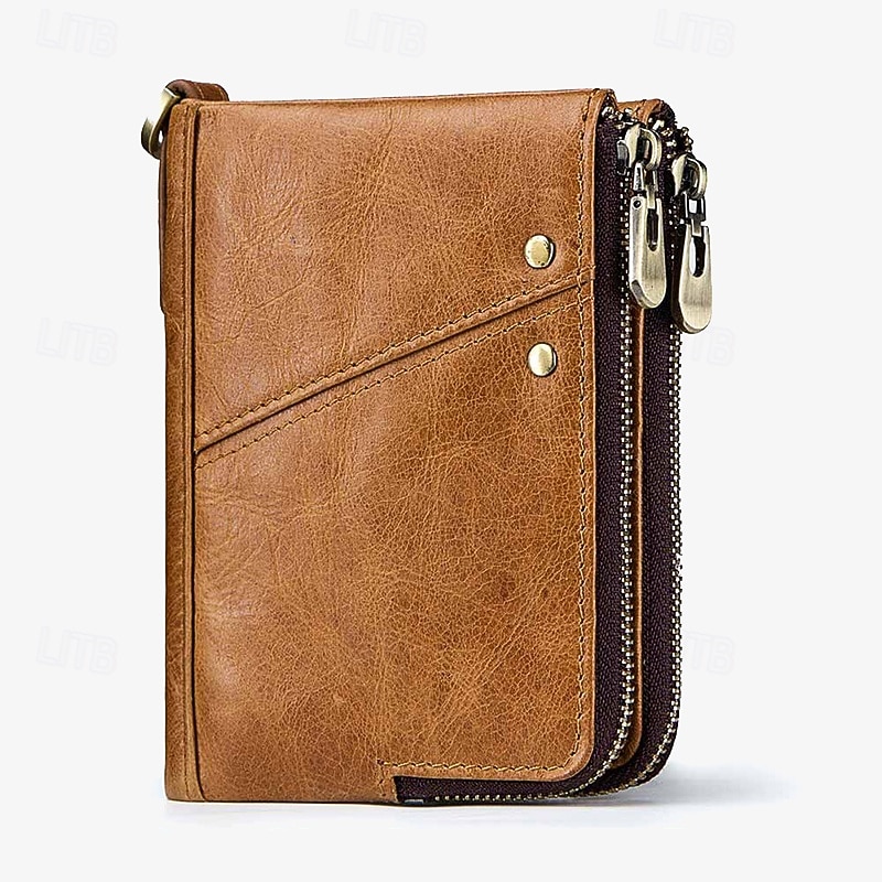 Men's Wallet Credit Card Holder Wallet Leather Cowhide Office Shopping Daily Rivet Zipper Large Capacity RFID Blocking Solid Color Black Red Brown2