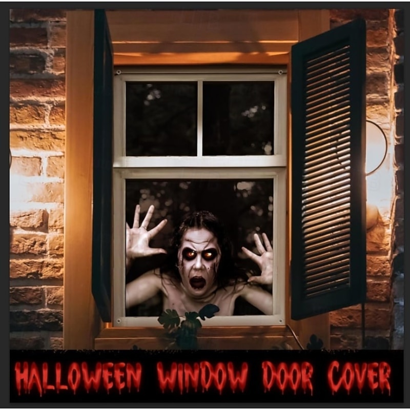 Halloween Window Cover Decorations, Fabric Bloody Hand Creepy Halloween Curtain Horror Movie Poster Window Door Covering Decor for Haunted House, Scary Halloween Window Clings Decals Indoor Outdoor