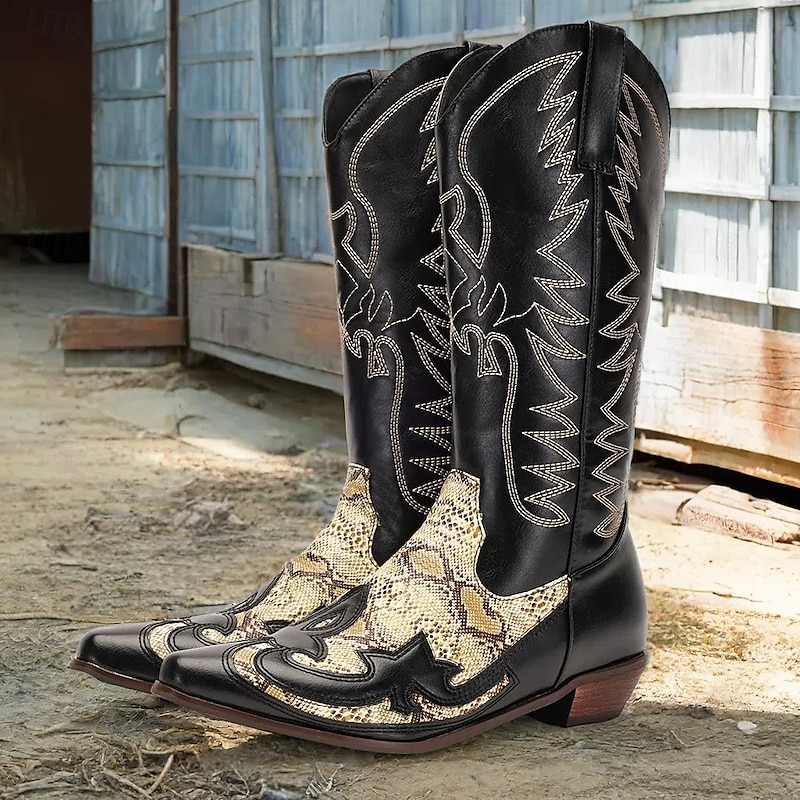 Men's Black and Snake Print Western Cowboy Boots - Exotic Leather with Intricate Embroidery for Rodeo and Casual Wear