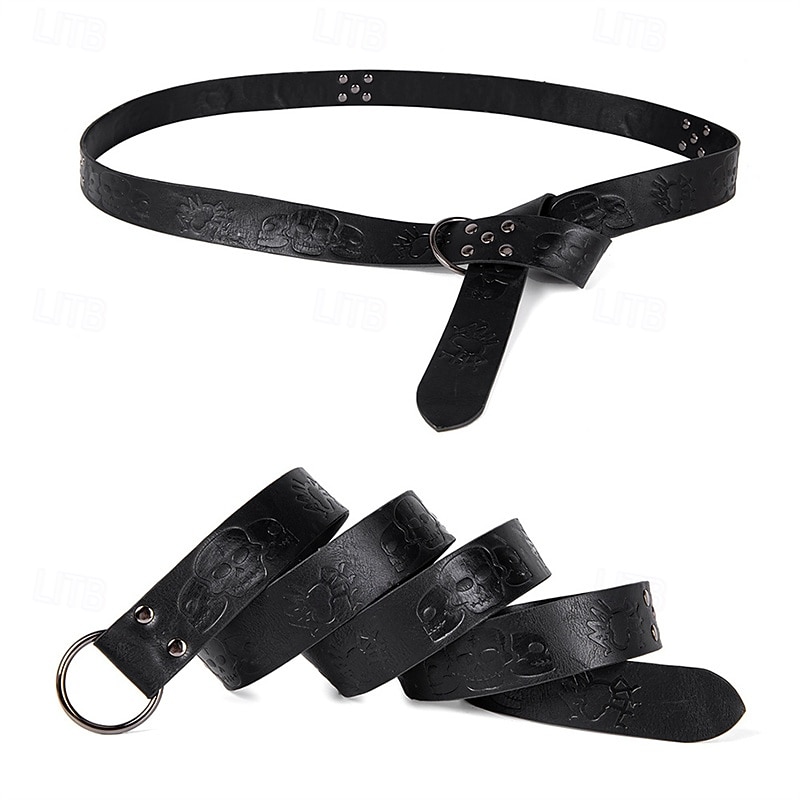 Men's Belt Waist Belt Black Brown PU Alloy Retro Adjustable Skull Pumpkin Halloween Daily2