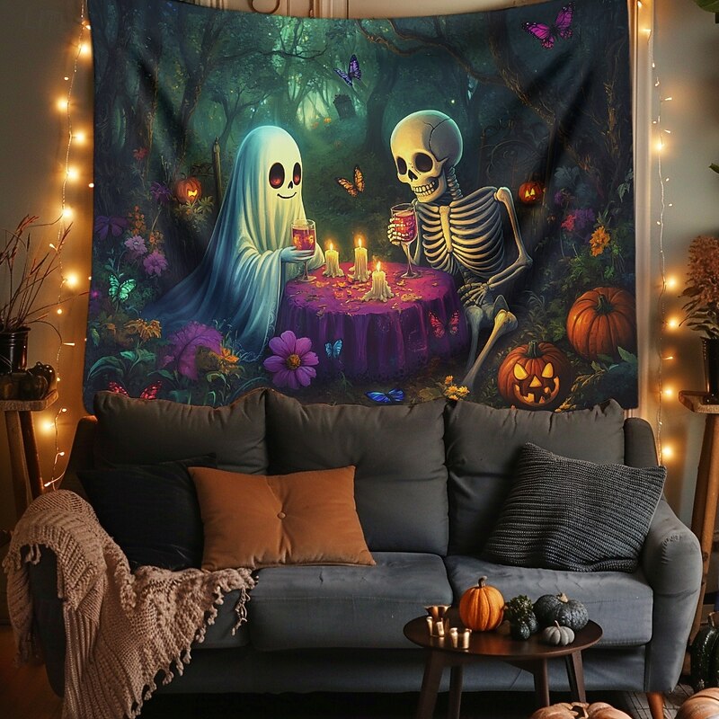 Halloween Decorations Hanging Tapestry Wall Art Large Tapestry Skeleton Ghost Dining Mural Decor Photograph Backdrop Blanket Curtain Home Bedroom Living Room Decoration2