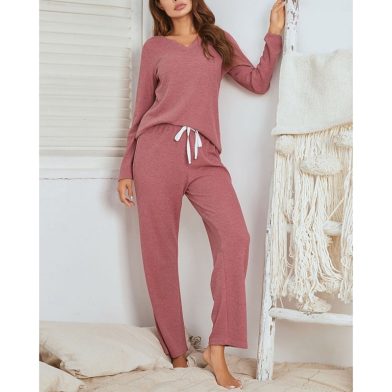 Women's Loungewear Pajama Set Waffle Knit Casual Comfort Home Bed Comfort Breathable V Wire Short Sleeve Pullover Pant Spring Fall Black Red Home Outfits2