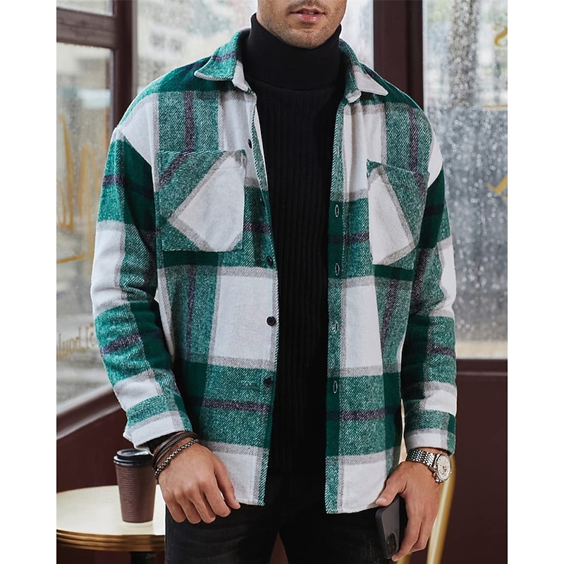 Men's Shirt Jacket Overshirts Transition Jacket Daily Lightweight Pocket Spring Plaid Classic Lapel Regular Red Green Khaki Gray Jacket4