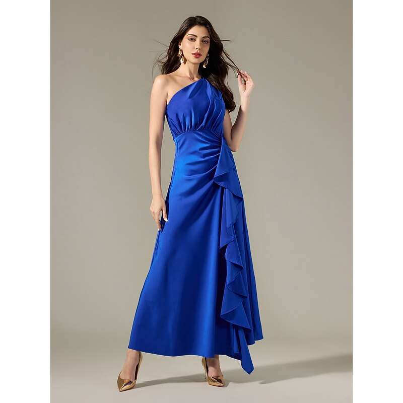 Satin Blue Sleeveless One Shoulder Ruffle Maxi Dress
