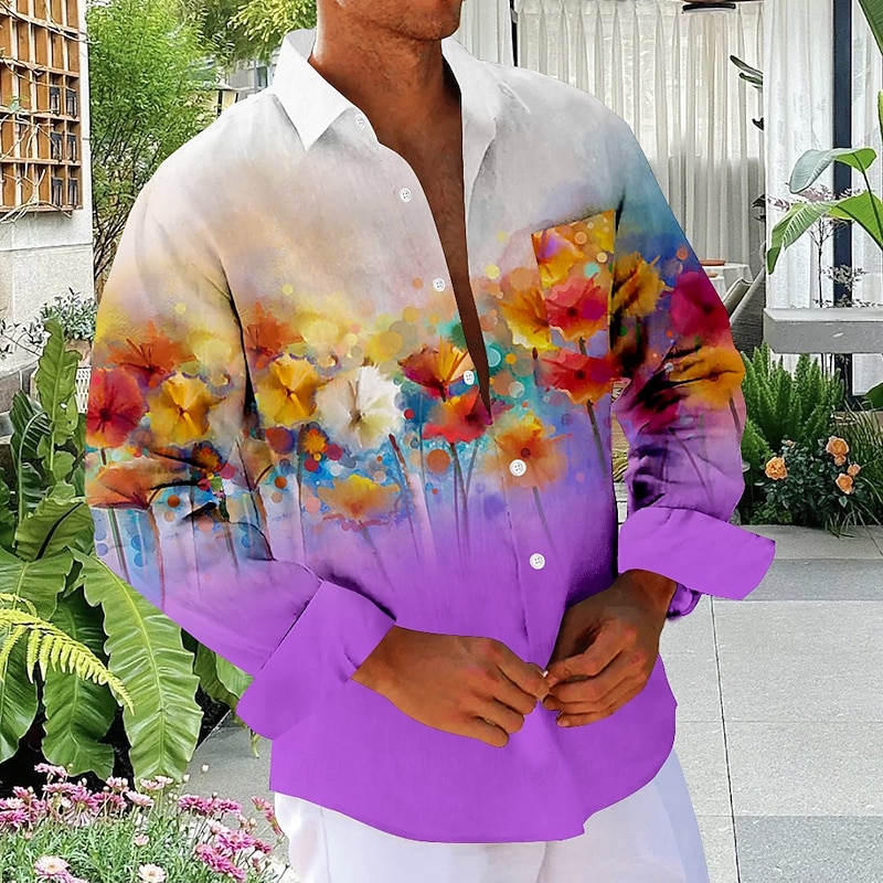 Men's Floral Beach Shirt Button Up Shirt Long Sleeve Hawaiian Vacation Daily Fall Winter Spring & Summer Collared Shirts 3D Print Yellow Blue Purple3