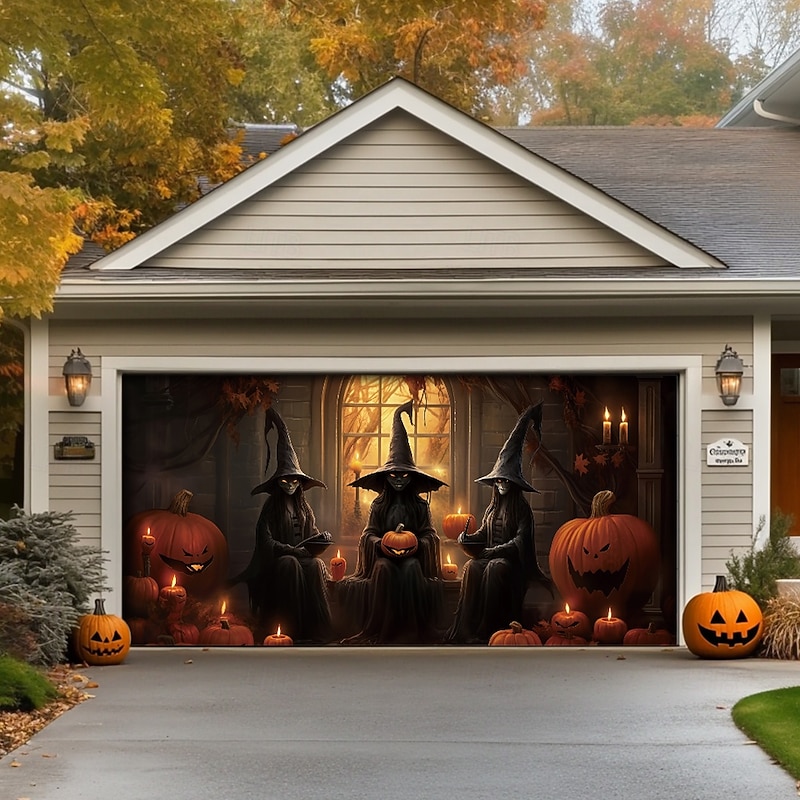 Halloween Door Decorations Outdoor Halloween Garage Door Cover Pumpkin Witch Banner Scary Castle Large Backdrop Decoration for Holiday Outdoor Garage Door Home Wall Decorations