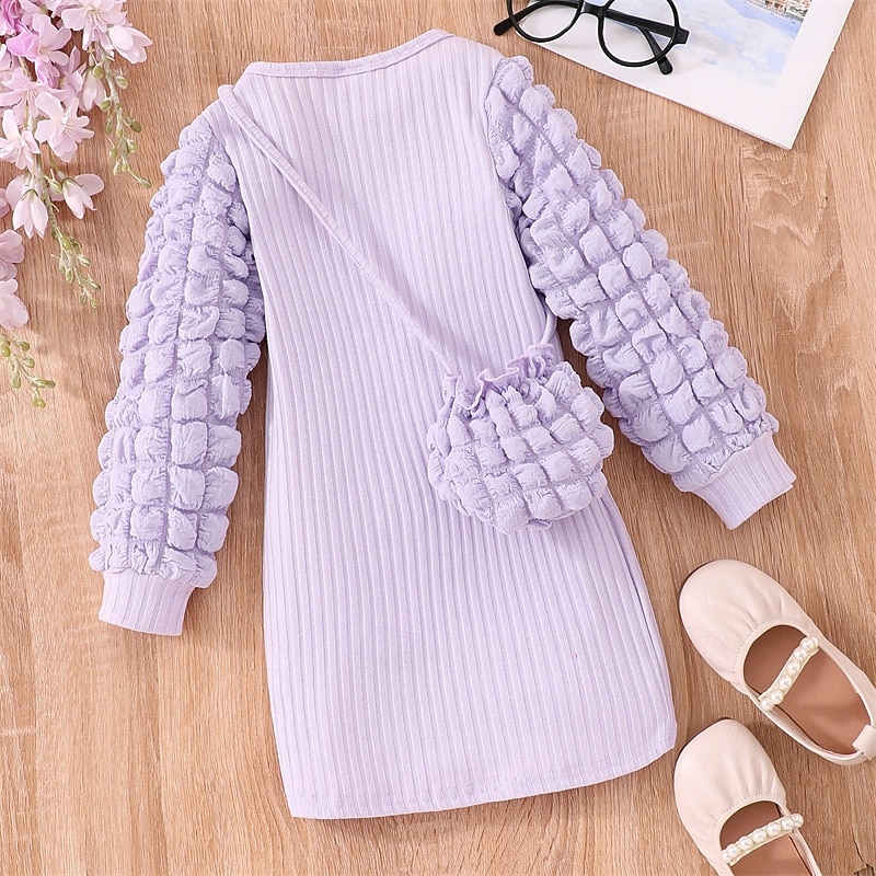 Girls' 3D Solid Color Dress Long Sleeve Spring Fall Vacation Daily Holiday Princess Beautiful Sweet Little Kids(4-7ys) 4-7 Years Casual Dress Knee-length Regular Fit2
