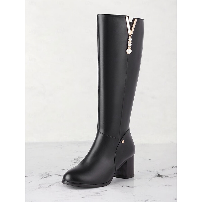 Women's White Knee-High Boots with Pearl Detailing - Elegant Footwear for Winter, Office, and Special Occasions