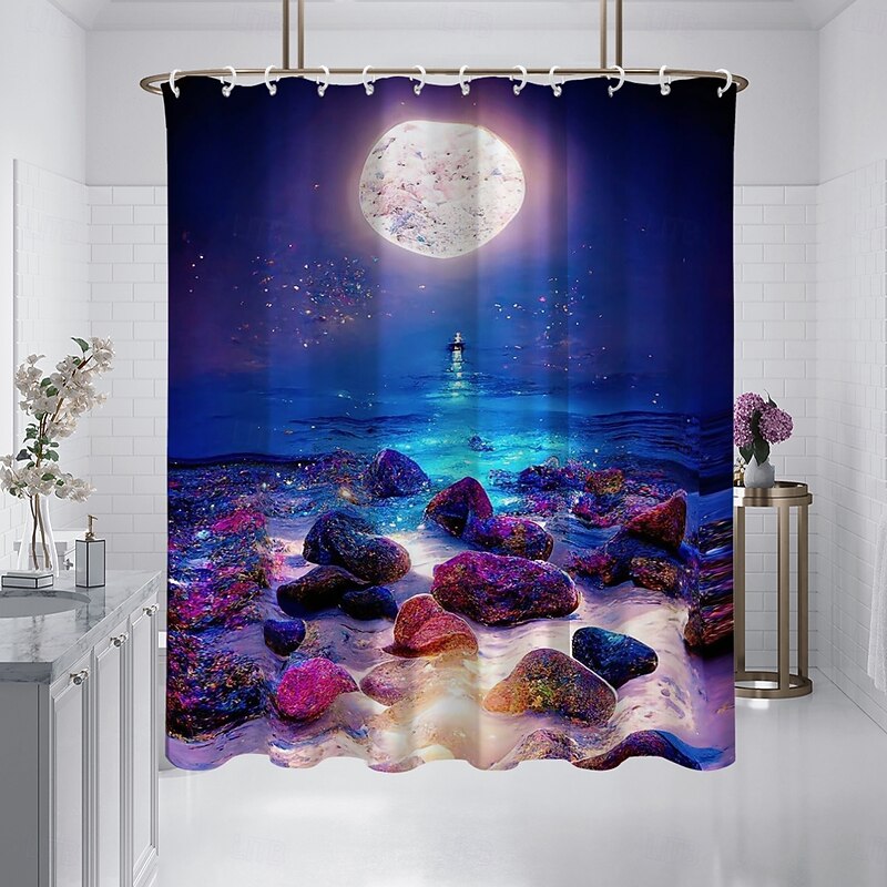 Shower Curtain with Hooks 180cm*180cm(70"*70") Polyester Washable Waterproof Pattern Bathroom Bathtub Deco Seaside Ocean Beach4