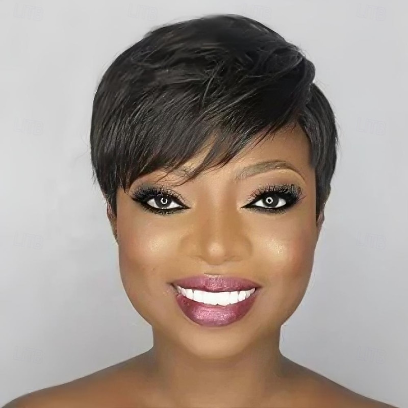 Short Bob Wig Human Hair for Black Women Pixie Cut wigs Human Hair Wig Glueless Wig None Lace Front Wig with Bangs Natural Black Straight Full Machine Made Wig