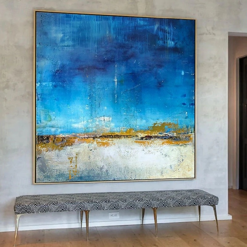 Abstract Gold Paintings  handmade Rich Textured seascape Acrylic Painting Modern Wall Art Hand Painted Artwork foil green oil painting for Living Room office Wall Decoration blue painting