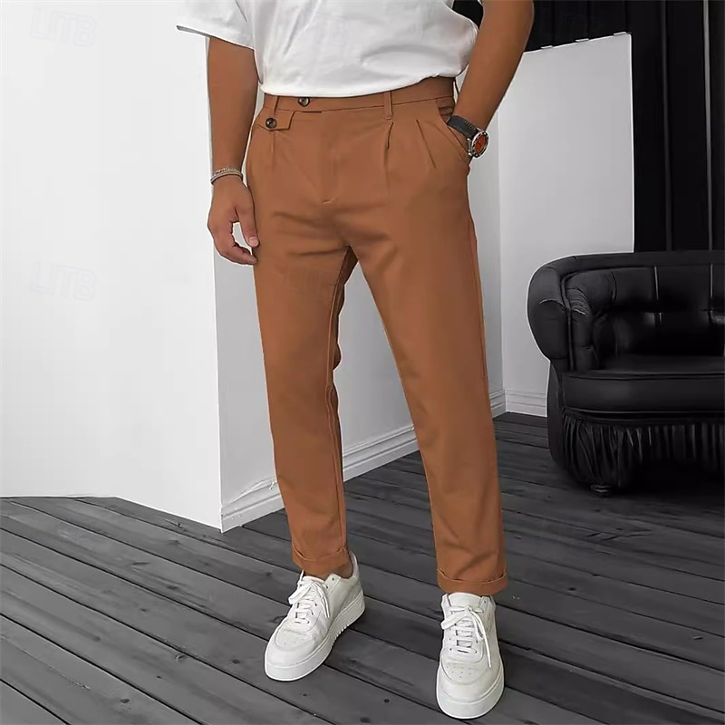 Men's Dress Pants Trousers Chinos Buttons Pocket Plain Comfort Formal Party Work Fashion Classic Style Black Wine Micro-elastic