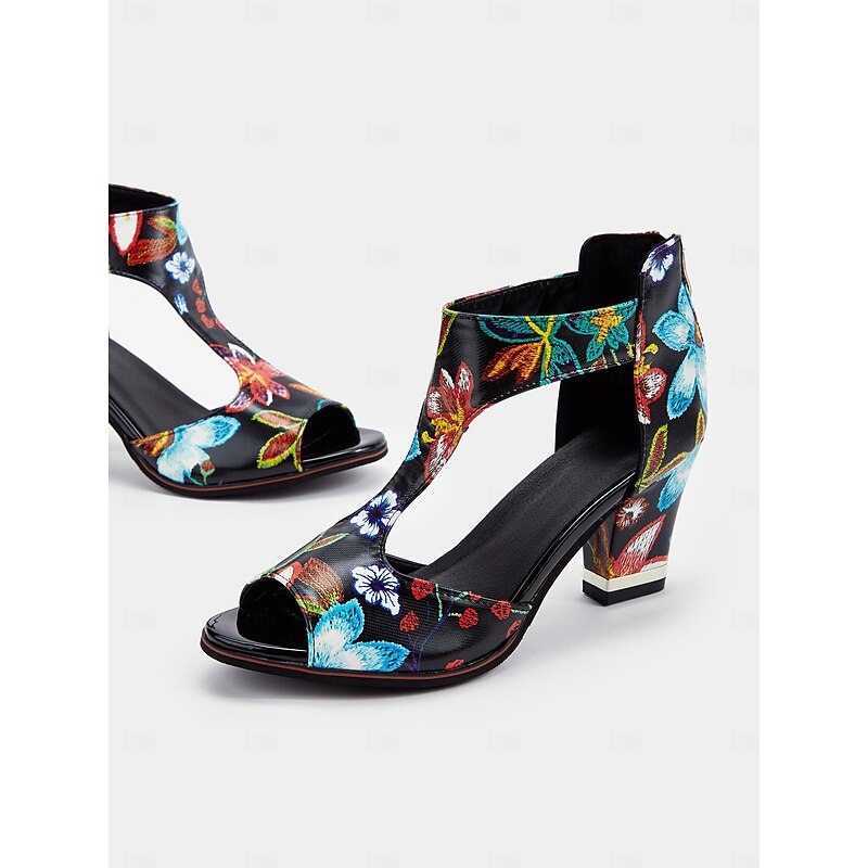 Women's Colorful Floral Print Block Heel Sandals with Cut-Out Design - Stylish Open-Toe Shoes for Summer Parties and Casual Wear4