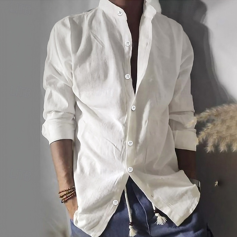 Men's Shirt Band Collar Shirt Summer Shirt Beach Wear Button Up Shirt Solid Color Street Daily White Long Sleeve Stand Collar Spring &  Fall Clothing Apparel Button-Down
