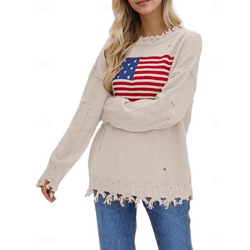 Women's Sweater Stylish Casual Solid Color Crew Neck Print Drop Shoulder Long Sleeve Long Tops Knit Daily Going out Navy Blue Beige Fall Winter3
