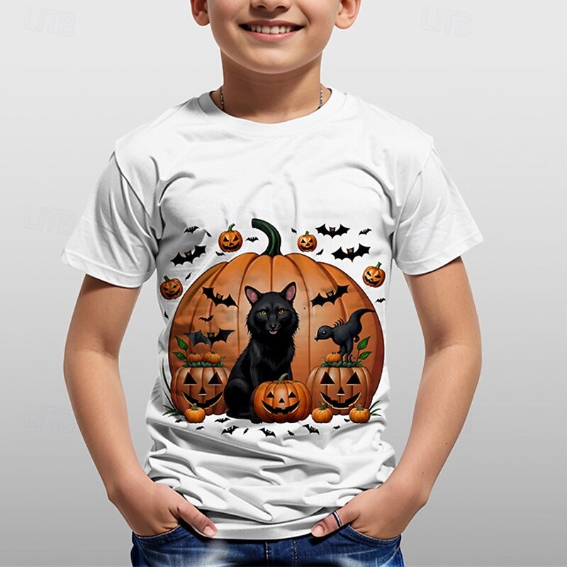 Halloween Boys 3D Graphic Cat Pumpkin Tee Short Sleeve Summer Spring Fashion Basic Polyester Kids 4-12 Years Crew Neck Outdoor Casual Daily Regular Fit2