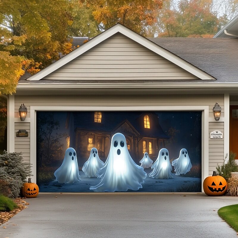 Halloween Door Decorations Outdoor Halloween Garage Door Cover Ghosts Banner Pumpkin Skeleton Outside Large Backdrop Decoration for Holiday Outdoor Garage Door Home Wall Decorations 14