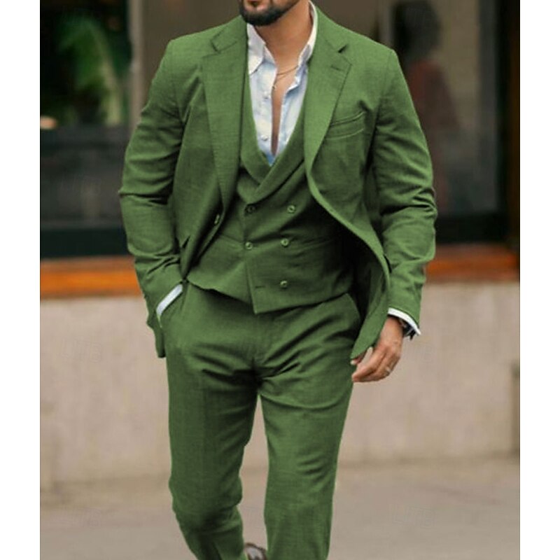 Men's Beach Wedding Linen Suits Notch Green Fashion Casual Solid Colored Tailored Fit 3 Piece Single Breasted Two-buttons2