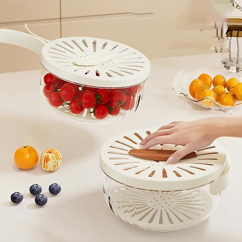 Fruit Strainer Colander Bowl Fruit Drain Basket with Lid Foldable Handle Cleaning Colander Plastic Refrigerator Crisper Kitchen Box Food Storage Container for Fridge Outdoor Picnic Pasta Salad Berry
