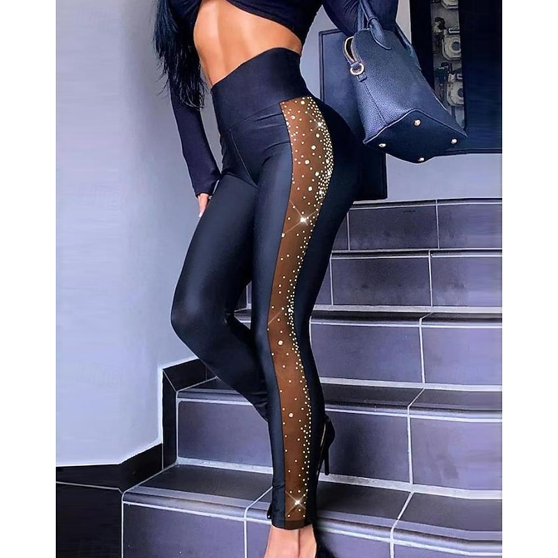 Women's Normal Tights Cozy Leggings Fashion Stylish Full Length High Rise Plain Sequins Mesh Micro-elastic Street Casual Daily Black Summer Spring Fall Winter Slim3