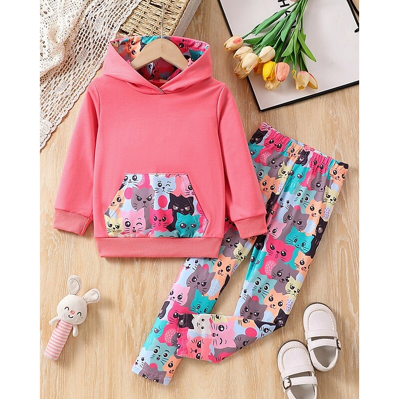 Girls' 3D Cartoon Cat Sports Suit Hoodie Set Tracksuits Long Sleeve Spring Fall Daily Casual Comfort Kids 4 years+ Hooded Outdoor Vacation Sports Tailored Fit