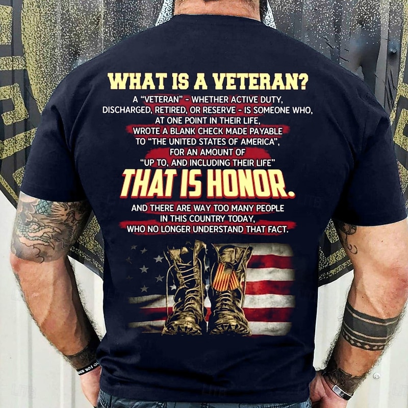 Men's Patriotic Veteran T-Shirt - 'What is a Veteran? That is Honor.' USA Flag & Military Boots Graphic Tee