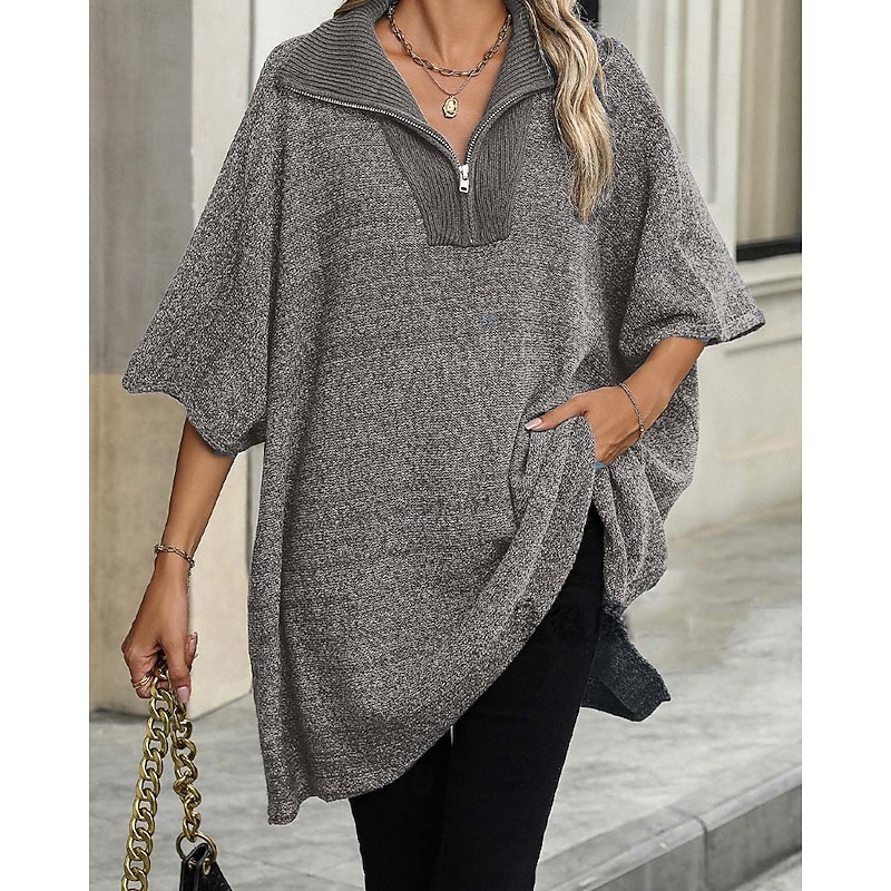 Women's Sweater Deep V Knit Quarter Zip Fall Winter Daily Casual Half Sleeve Solid Color Black White2