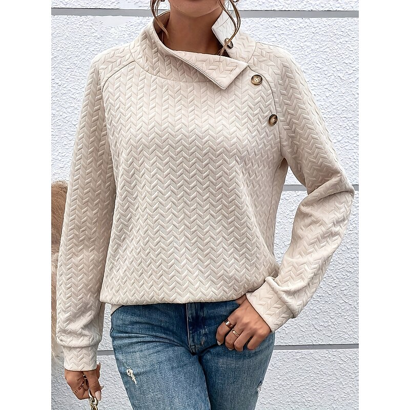 Women's Designer Sweatshirt Fashion Modern Plain Work Turtleneck Buttons Long Sleeve Khaki Spring Fall Winter3
