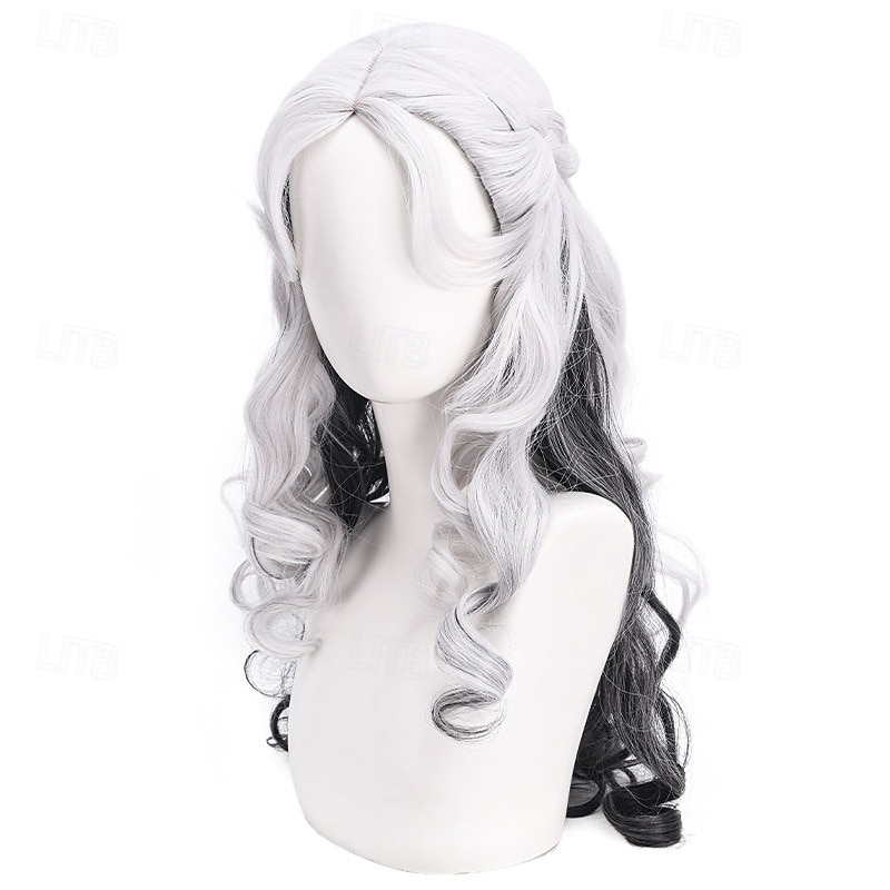 Heat Resistant 26-inch Long Curly Middle Part Cosplay Wig Anime Theme Coily Synthetic Hair Rose Net Cap Halloween and Festival Party Costume Accessory - Black and White Mix4