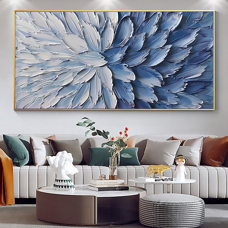 Mintura Handmade 3D Abstract Blue Oil Paintings On Canvas Wall Art Decoration Modern Flowers Picture For Home Decor Rolled Frameless Unstretched Painting