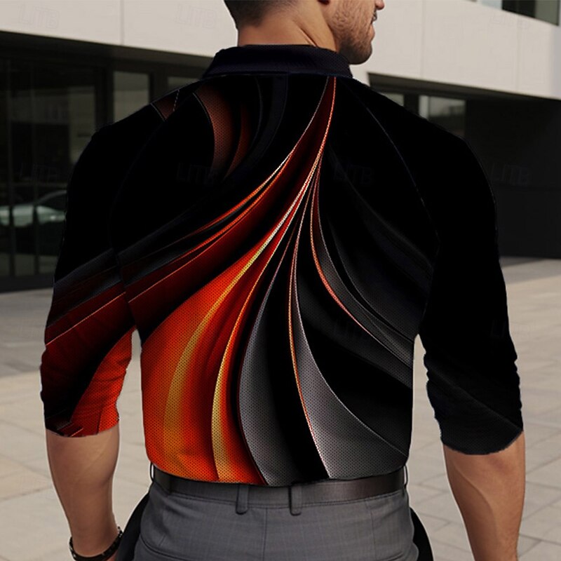 Men's Graphic Geometric Polo Shirts Golf Polos Shirts Long Sleeve Polo Shirts Collar Casual Vacation Dailywear Zipper 3D Print Spring Fall & Winter Black2