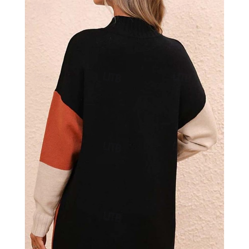 Women's Sweater Stylish Color Block Mock Neck Crewneck Long Sleeve Long Tops Knit Work Red Brown Blue Fall Winter3