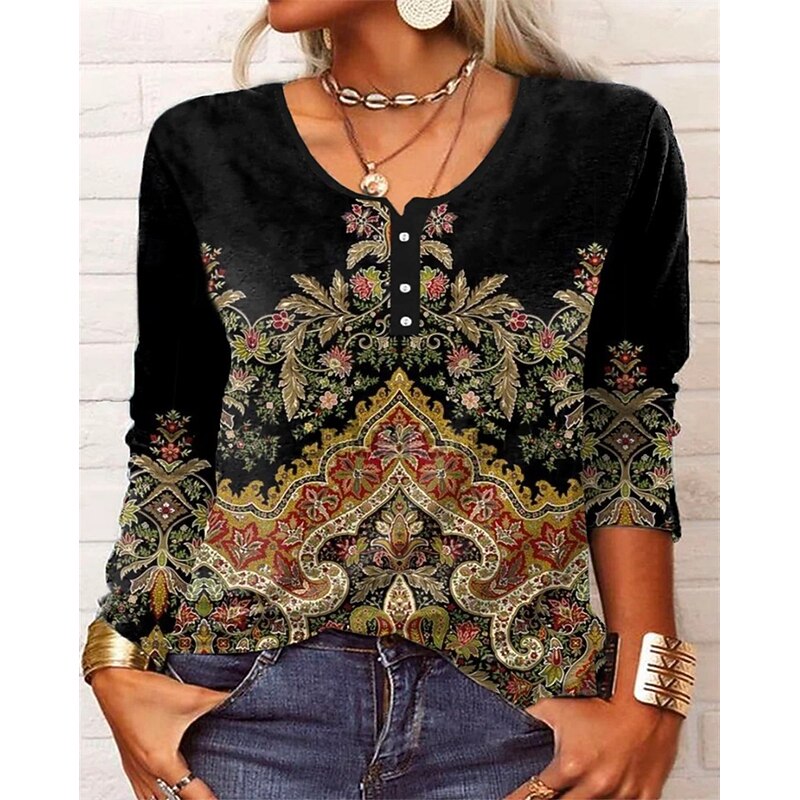 Women's T Shirt Floral Fashion Long Sleeve Round Neck Regular Tops Daily Weekend Buttons Print Black Wine Blue Green Spring &  Fall