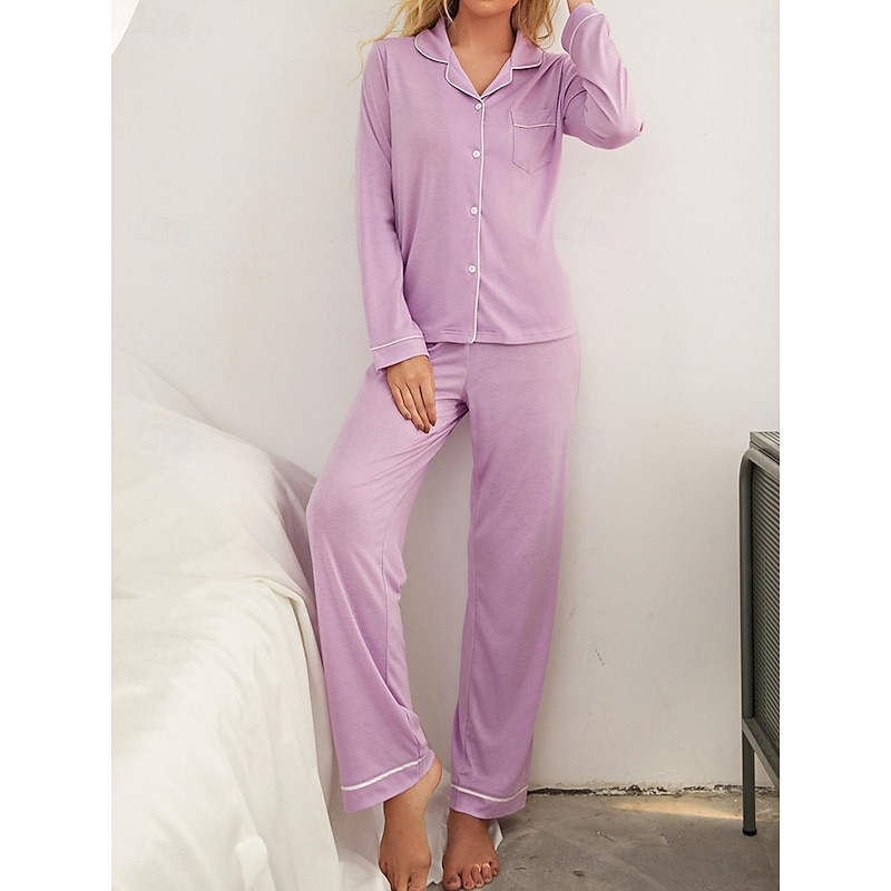 Women's Pajamas Sets Pure Color Fashion Basic Comfort Home Daily Bed Breathable Lapel Long Sleeve Shirt Pant Button Pocket Fall Winter Home Outfits4